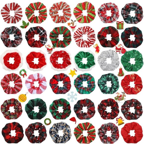 Christmas Hair Scrunchies Set 36 Styles Elastic Fabric Holiday Hair Bands